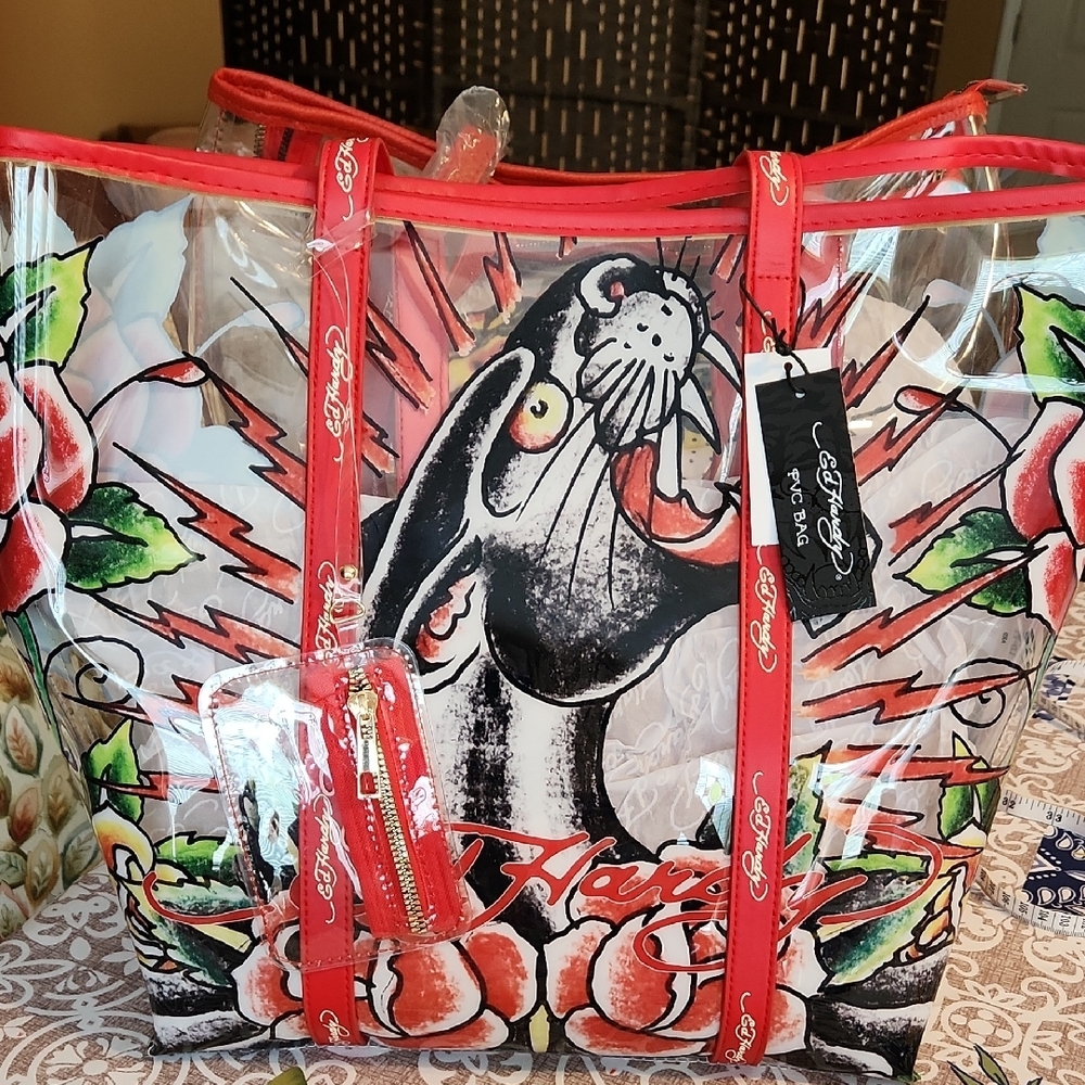 Ed Hardy Panther & Roses Clear Graffiti Tote Bag/ NWT/ Zip Top/Shoulder Handles